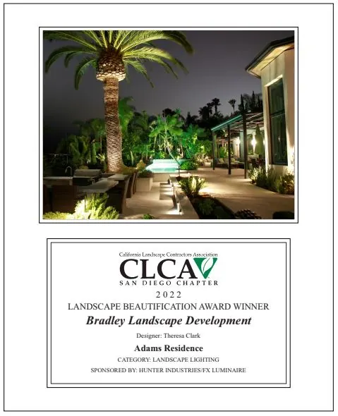 2022 CLCA San Diego Chapter award certificate — Adams, Landscape Lighting
