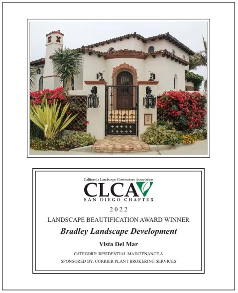2022 CLCA San Diego Chapter award certificate — Vista Del Mar, Residential Maintenance