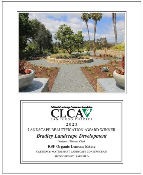 2023 CLCA San Diego Chapter award certificate — RSF Organic Lemons Estate, WaterSmart Landscape Construction
