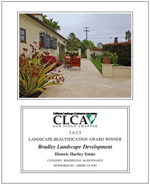2025 CLCA San Diego Chapter award certificate — Historic Hartley Estate, Residential Maintenance