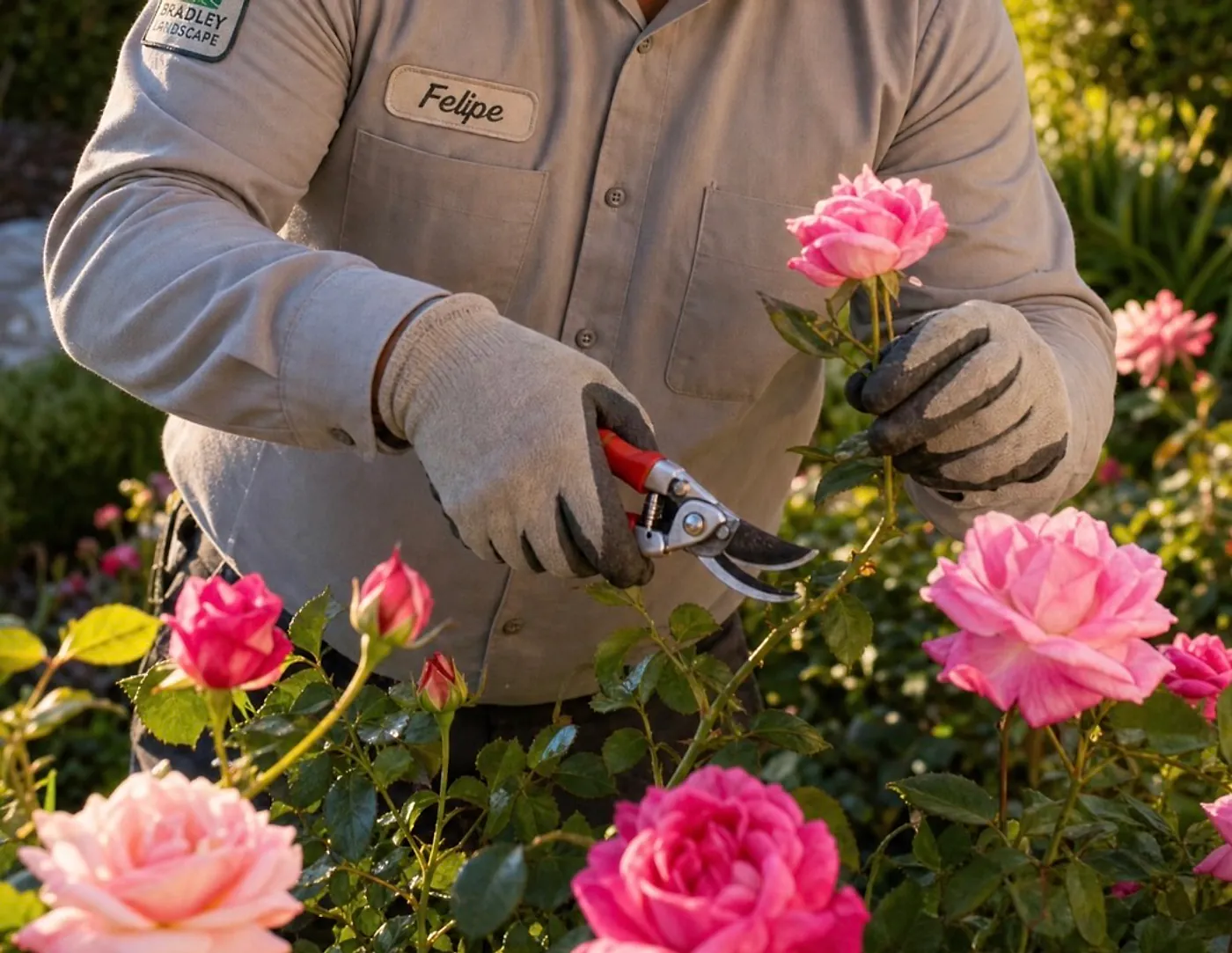 Bradley crew member hand-pruning pink roses with bypass shears