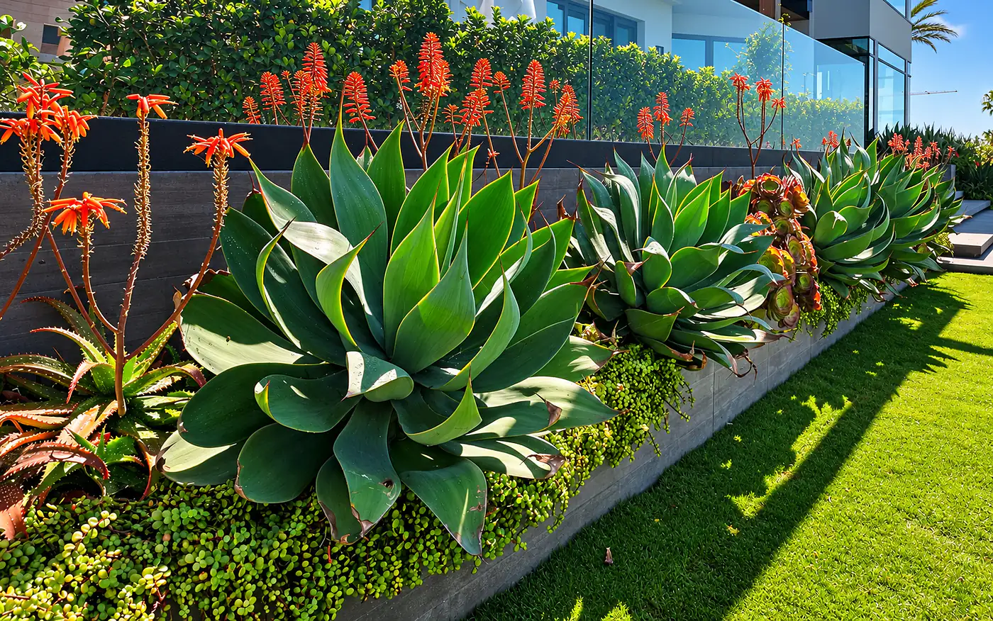 Agave and blooming aloe border along a raised planter above a green lawn