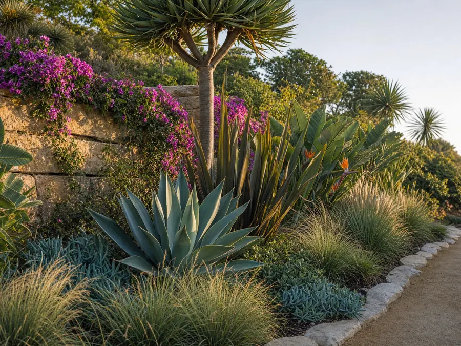 Agaves, grasses and bougainvillea layered along a stone wall at golden hour