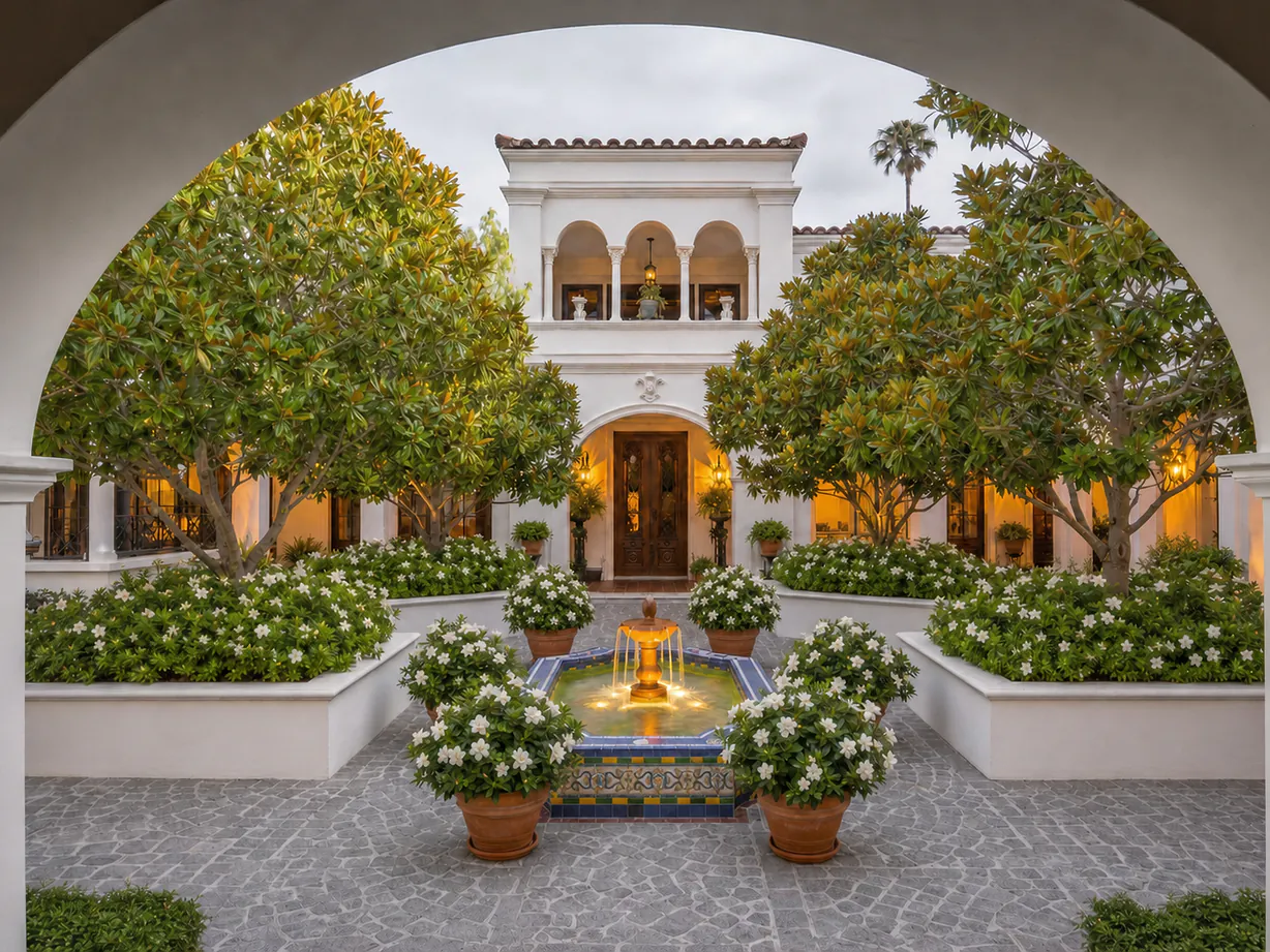 Arched view into a Mediterranean courtyard with a tiled fountain and clipped hedges at dusk, Argentina Villa